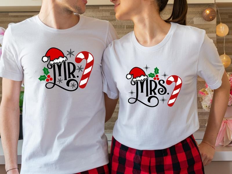 Mr Mrs Shirt Matching Couples Xmas Party Wife Husband New Married Santa Hat Family Short Sleeve T-Shirts, Hoodie, Sweatshirt