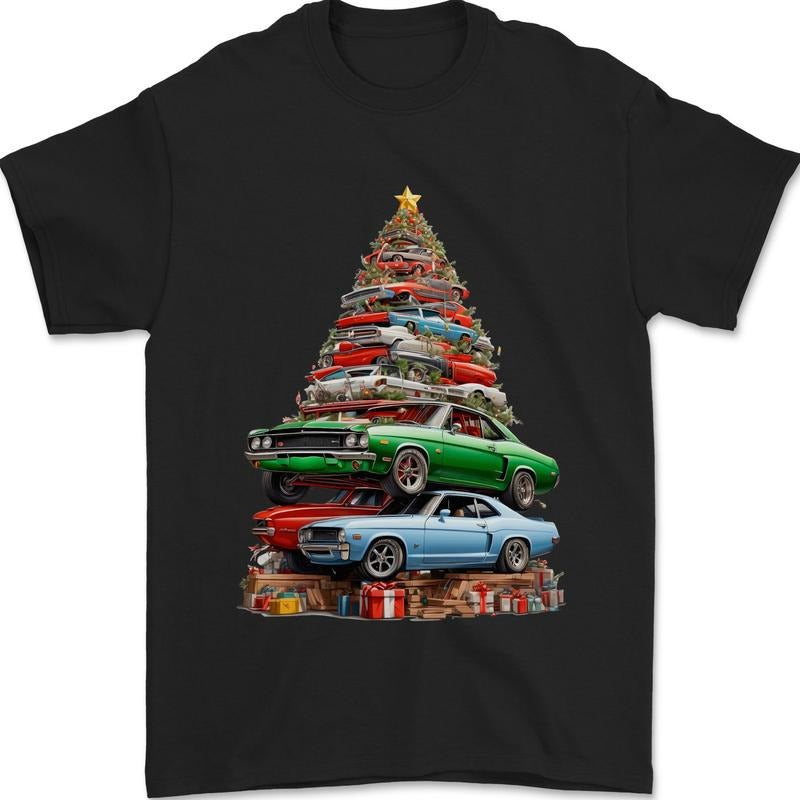 Muscle Car Christmas Tree Xmas Classic Mens T-Shirt Cotton Made in USA Hoodie, Sweatshirt | GrindPrints.com
