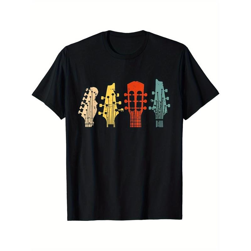 Music retro guitar,cotton T-shirt, niche design printing, high-quality breathable material, sweat absorption, skin...