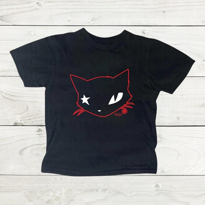 Mystery Black Cat Baby Tee, Gothic Emo Girl, Scene Clothing 2000s, Y2k Top Women Streetwear, Casual Cotton Short Sleeve,...