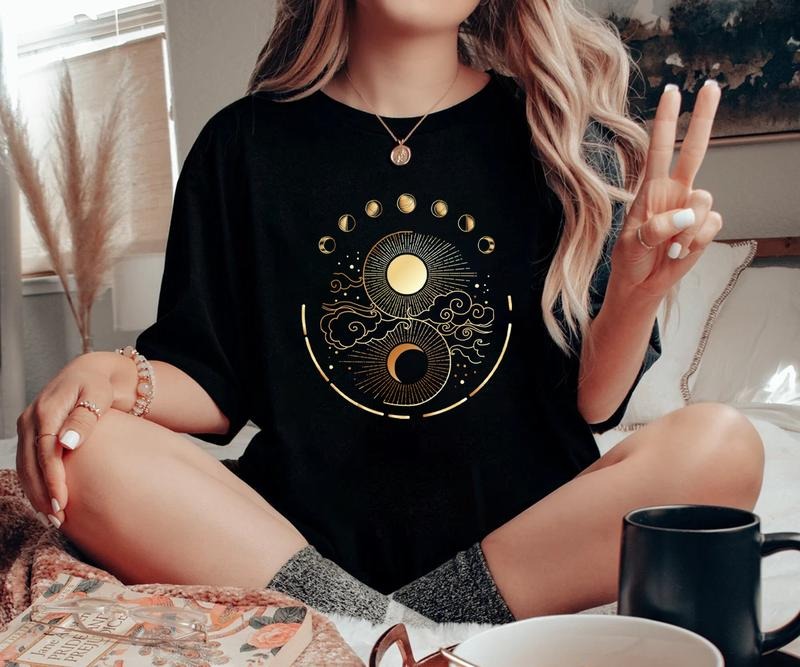 Mystic Moon And Sun Shirt, Mystical Moon Phase Shirt, Moon Phase T-Shirt, Boho Vintage Moon Shirt, Celestial Moon Shirt,...