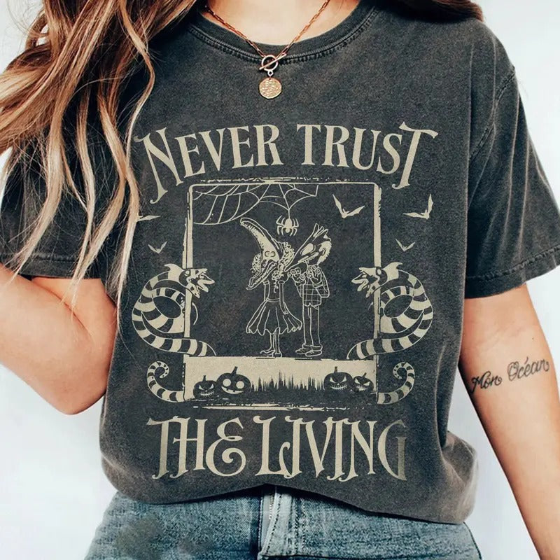 N3ver Trust The L1ving Tshirt, Beetl3juice Tee, Horror Halloween Films Shirt, Unisex Short Sleeve Tee Shirt, Casual...