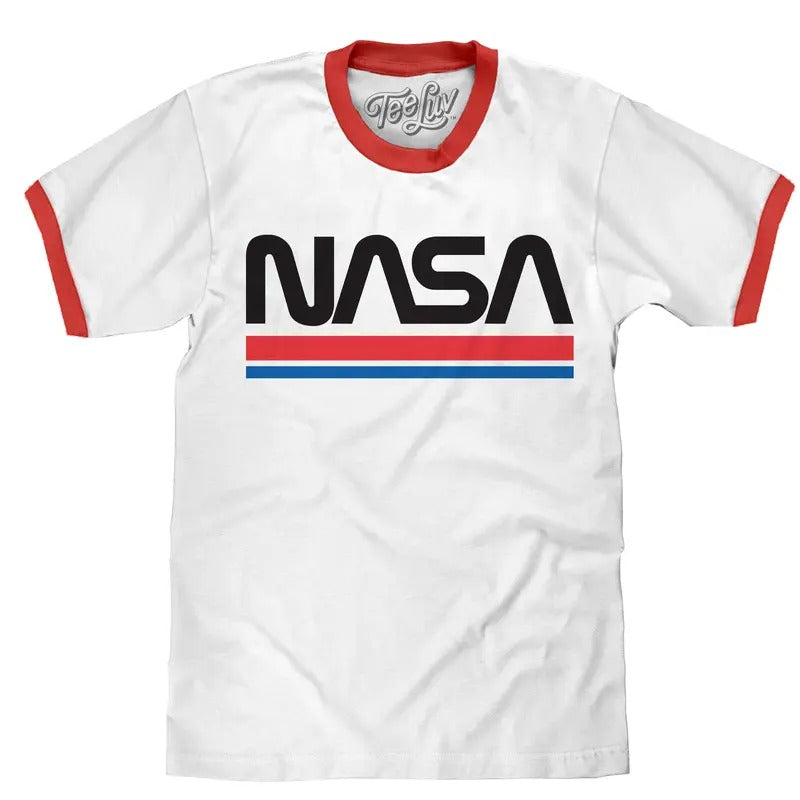 NASA Worm Logo Ringer T-Shirt - White and Red Hoodie, Sweatshirt | GrindPrints.com