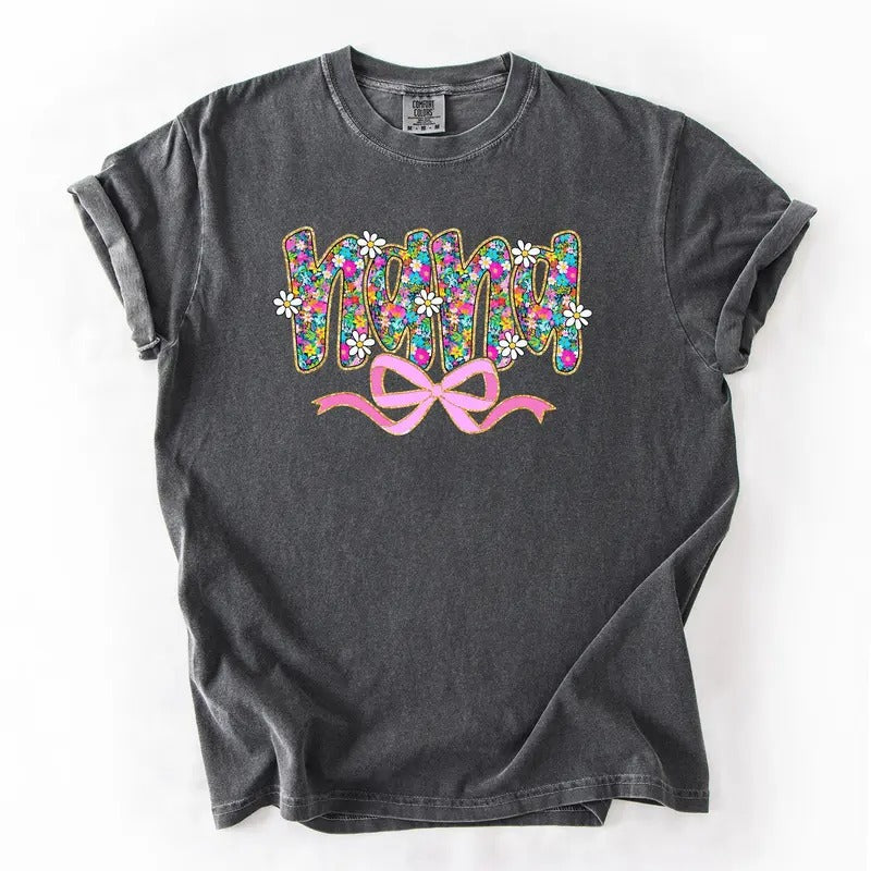 Nana, Mother's Day, Ribbon, Bow, Floral, Flowers, Bright, Colorful, Pastels Tshirt, Women's Comfort Colors Tee Hoodie,...