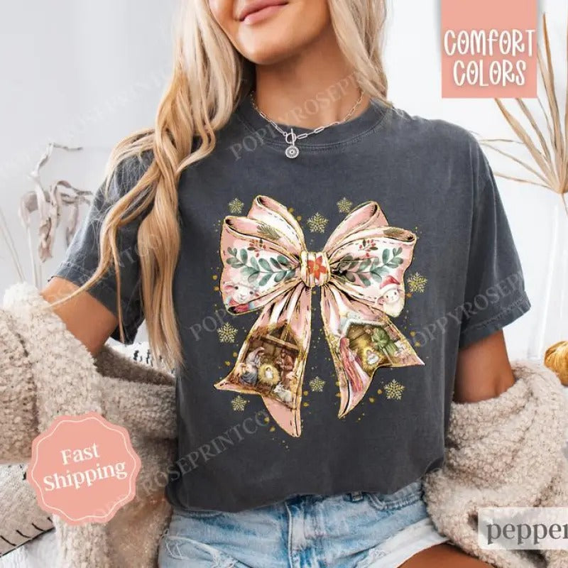 Nativity Bow Christmas Shirt , Religious Christmas Tee, Women's Holiday Tshirt Hoodie, Sweatshirt | GrindPrints.com