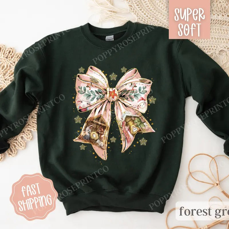 Nativity Bow Christmas Sweatshirt, Religious Christmas Sweater, Women's Holiday Crewneck T-Shirts, Hoodie | GrindPrints.com