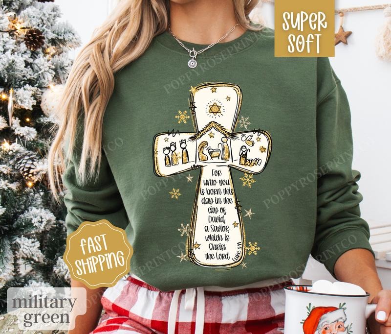 Nativity Christmas Sweatshirt, Religious Christmas Sweater, Women's Holiday Crewneck T-Shirts, Hoodie | GrindPrints.com