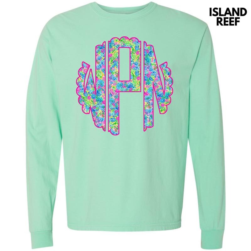 Neon Exotic Monogram Long Sleeve Comfort Colors T-Shirt 'NLB' Hoodie, Sweatshirt | GrindPrints.com