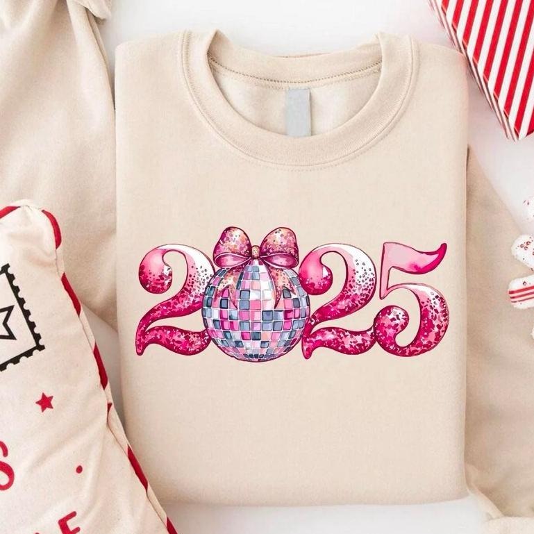 New Year 2025 Sweatshirt, Disco Ball New Year Shirt, Pink Coquette Bow New Year Sweatshirt, Hello 2025 Shirt, New Years...