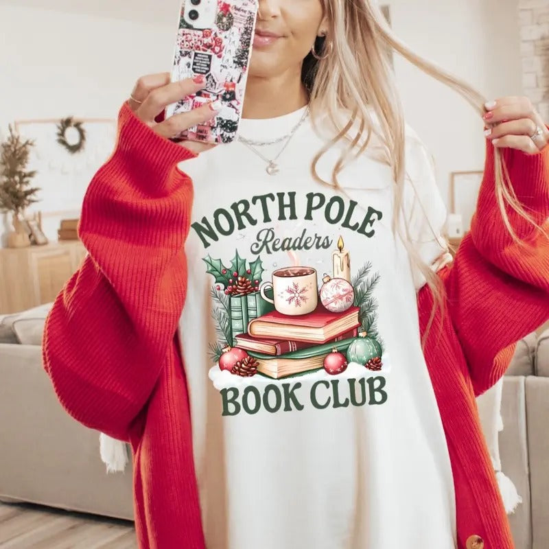 North Pole Book Club Women's Graphic T-Shirt - Comfort Colors Casual Cotton Short Sleeve Top