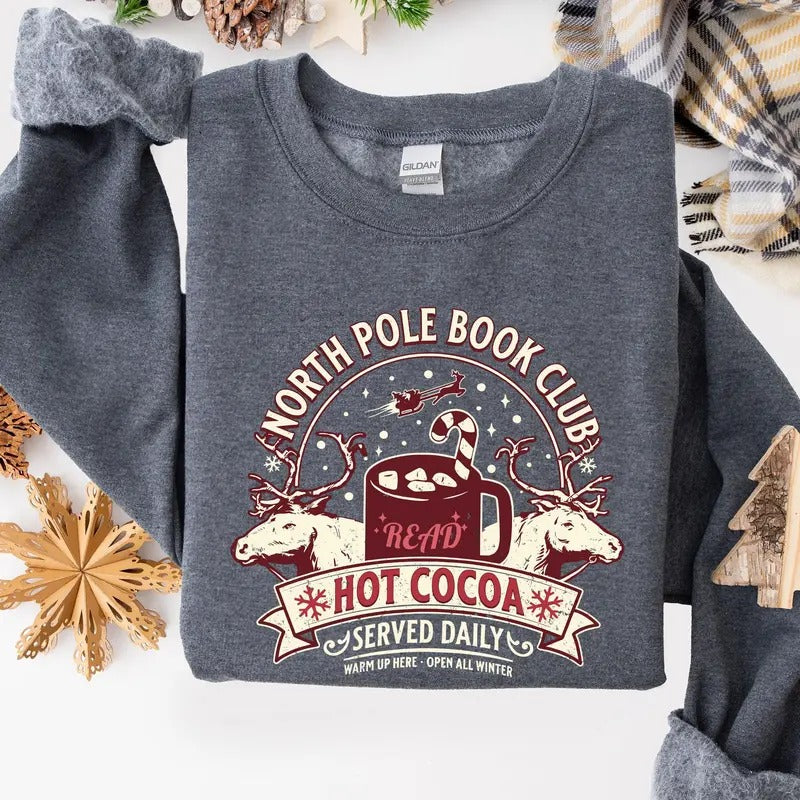 North Pole Book Club, Reading, Christmas, Santa, Reindeer, Winter, Xmas Sweatshirt, Women's Crew Neck, Crewneck T-Shirts,...