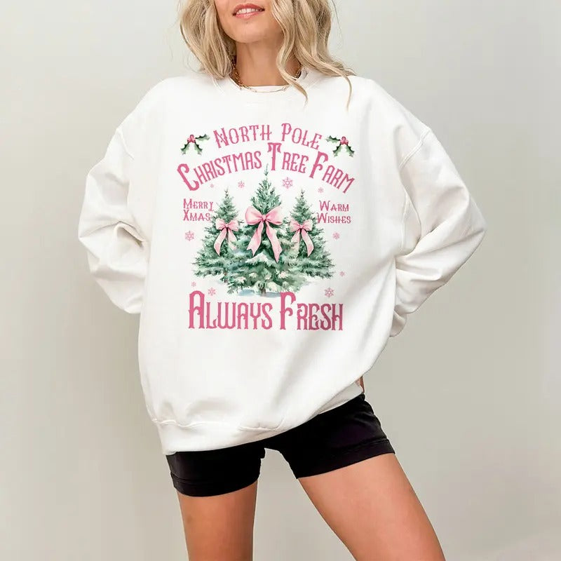 North Pole Christmas Tree Farm Sweatshirt, Pink Christmas Trê Sweatshirt, North Pole Sweater, Pink Christmas Coquette Bow...