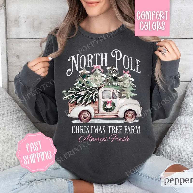 North Pole Tree Farm Comfort Colors Sweatshirt, Christmas Sweater Womenswear, Holiday Crewneck T-Shirts, Hoodie