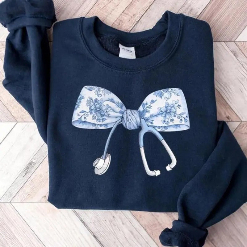 Nurse Coquette Toile bow Sweatshirt, Retro Nurse Shirts, RN, Unisex Stethoscope Crewneck Sweatshirt, Nursing School,...