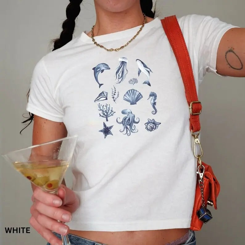 Ocean Themed Baby Tee Women, Y2K Coquette Graphic T-Shirt with Marine Animals Hoodie, Sweatshirt | GrindPrints.com