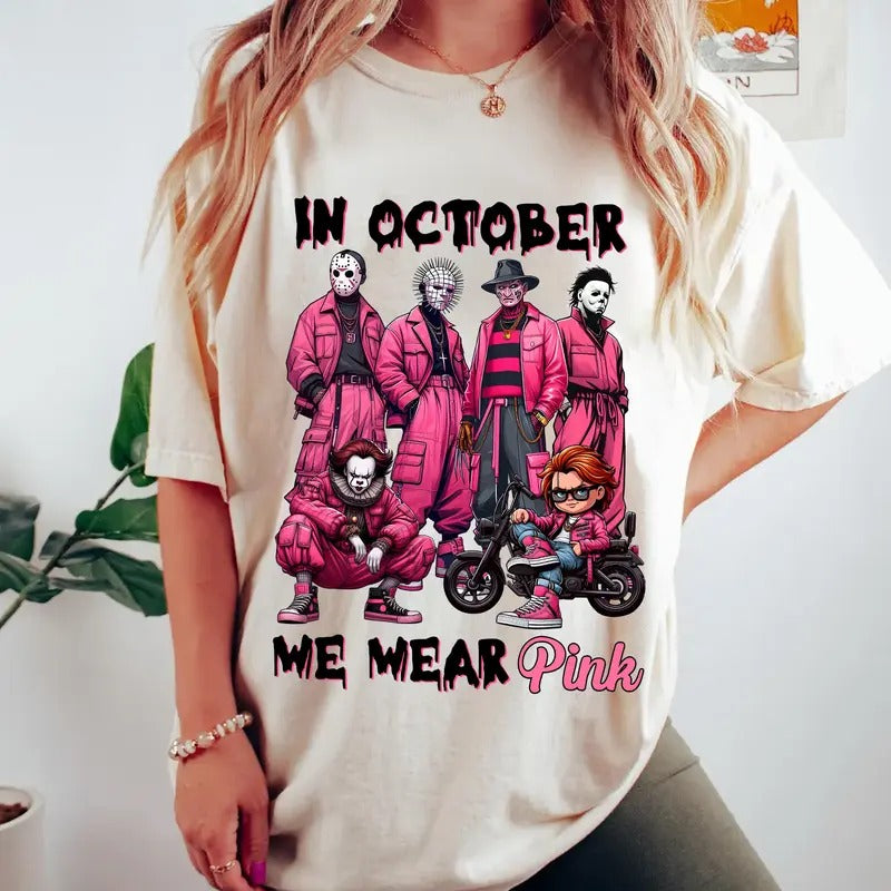 October We Wear Pink Horror Gangster Friends Cotton T-Shirt - Crewneck, Womenswear Hoodie, Sweatshirt | GrindPrints.com