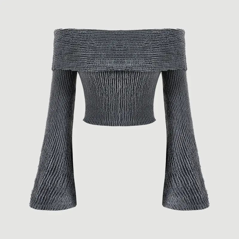 Off The Shoulder Sweater Bell Long Sleeve Slim Fitted Crop Tee TopY2K Hoodie, Sweatshirt | GrindPrints.com