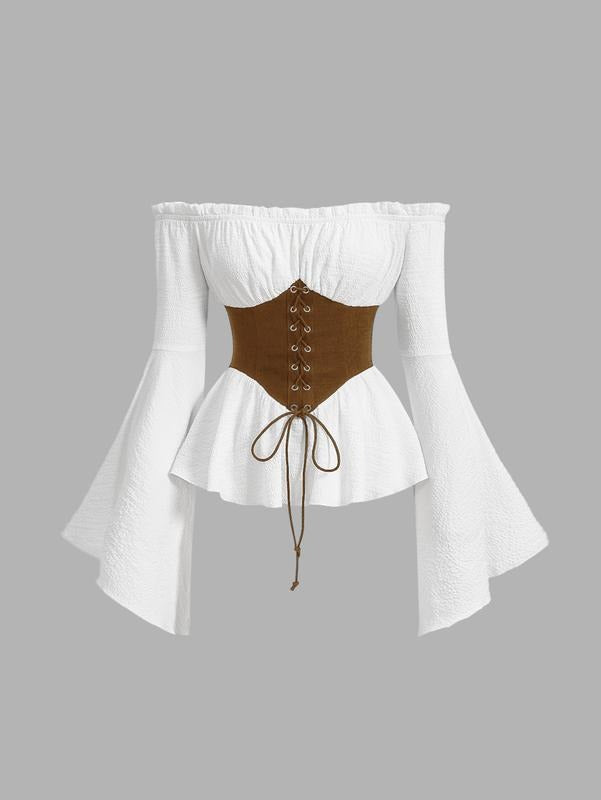 Off The Shoulder Tops Going Out Y2K Ruffle Long Sleeve Lace Up Blouse Shirt Tops Hoodie, Sweatshirt | GrindPrints.com