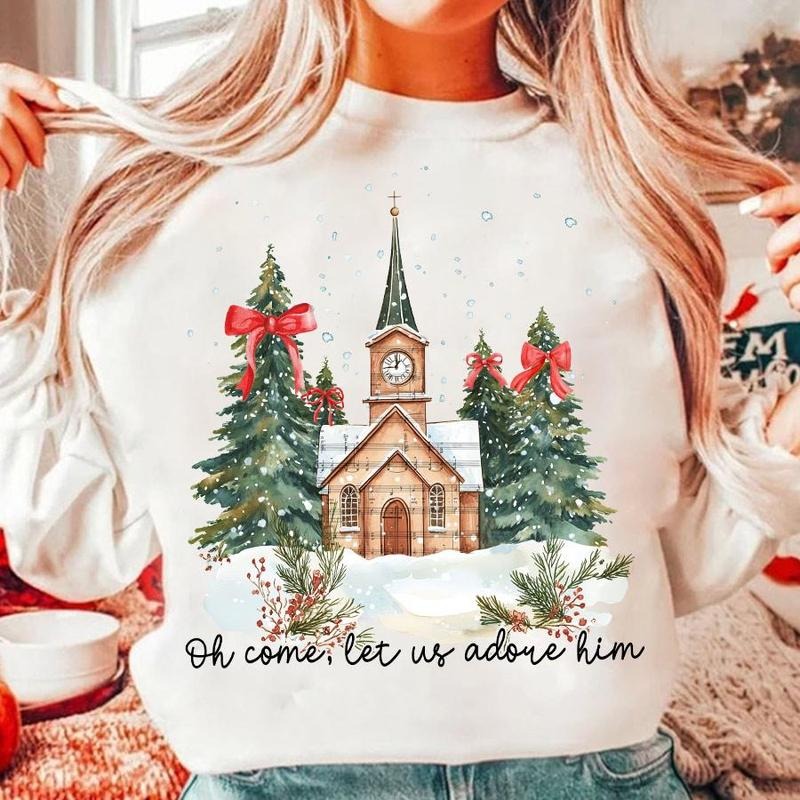 Oh Come Let Us Adore Him Shirt, Jesus Christmas Shirt, Coquette Christmas Tree, Hand Drawn, Christian Christmas...