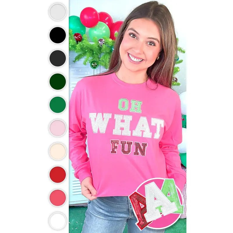 Oh What Fun Sequin Christmas Graphic Long Sleeve T-Shirt Hoodie, Sweatshirt | GrindPrints.com