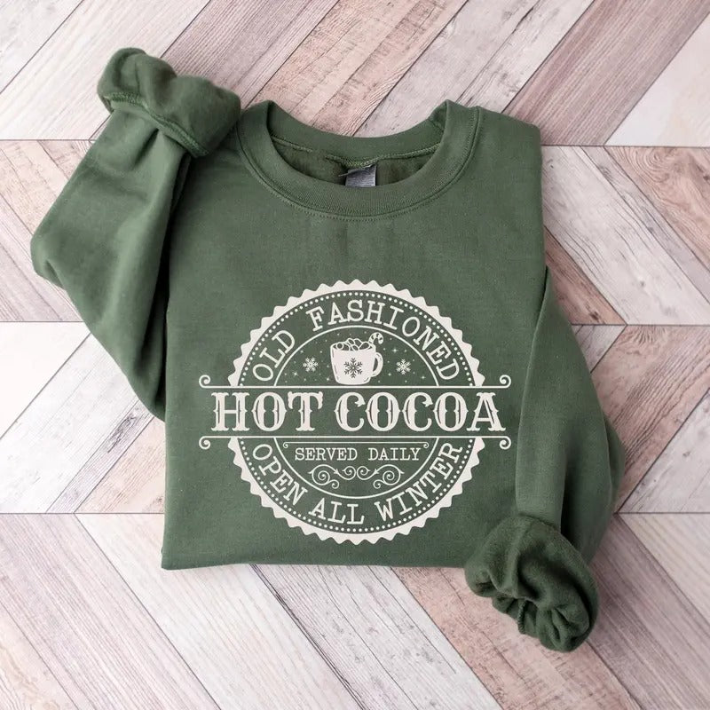 Old Fashioned Hot Cocoa Retro Style Unisex Cotton Sweatshirt, Cozy Christmas Sweater Crewneck Long Sleeve T-Shirts, Hoodie