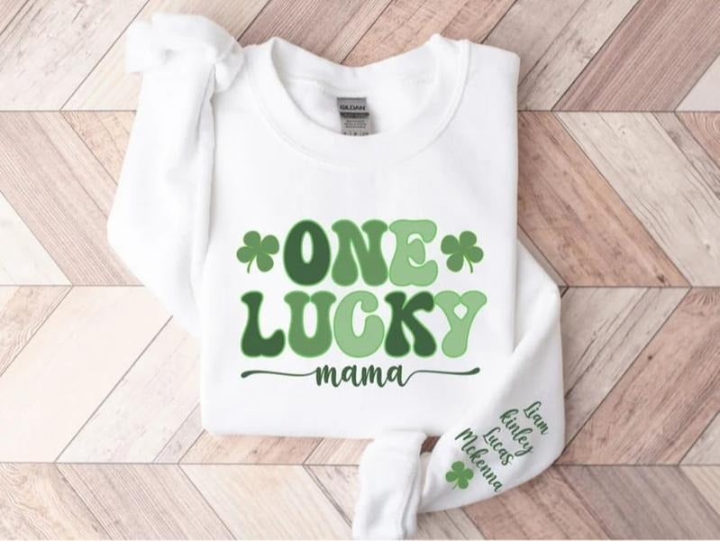 One Lucky Mama St Patrick'S Day Custom Mama Kid Name Sleeve Mama Shamrock Mom St Pattys Day T-Shirts, Hoodie, Sweatshirt