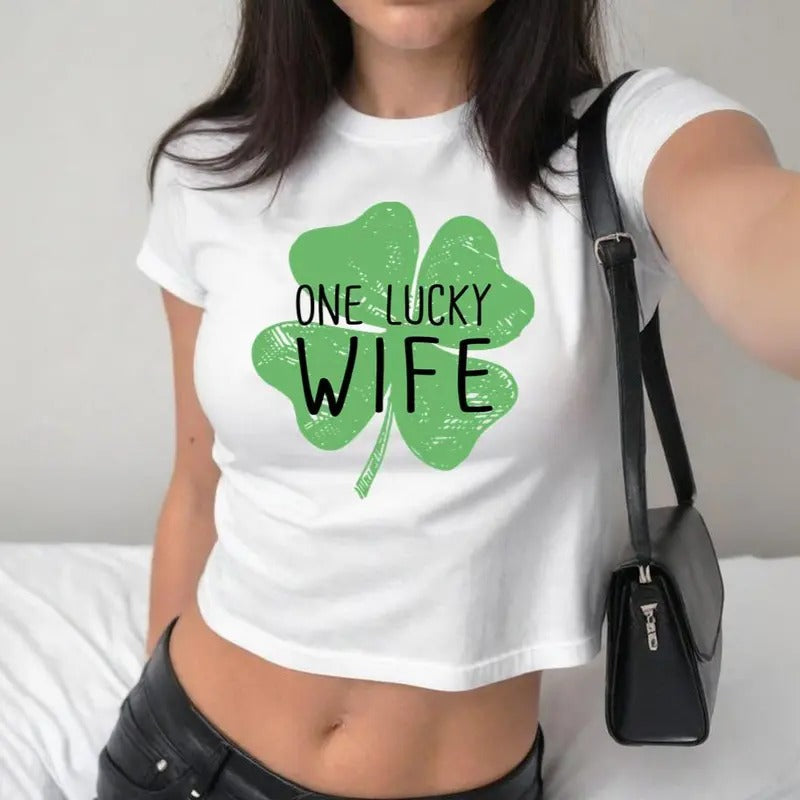 One Lucky Wife St. Patrick's Day Women's Baby Tee, Y2K 2000's Style, Streetwear Style, Gift for Her Hoodie, Sweatshirt