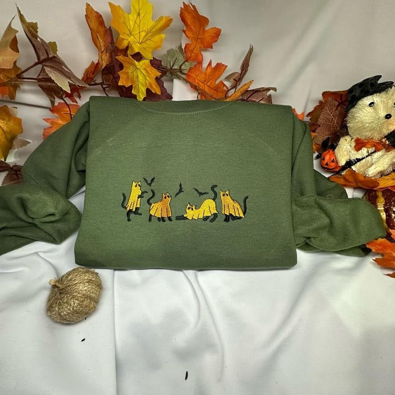 Orange Ghost Cat Embroidered Sweatshirt for Halloween - Orange Ghost cats, Womenswear christmas sweater Hoodie Tops...