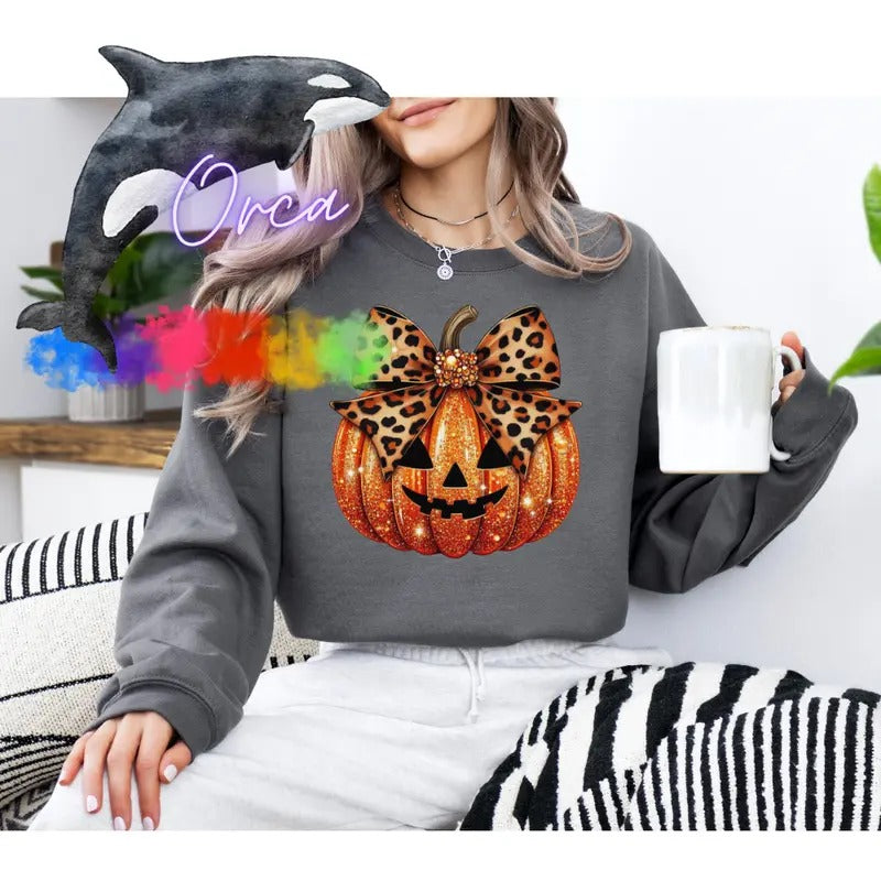Orca ~ Halloween Cute Glitter Pumpkin Sweatshirts ~ Unisex Sizing ~ Small - 4XL ~ Pullover crewneck T-Shirts, Hoodie
