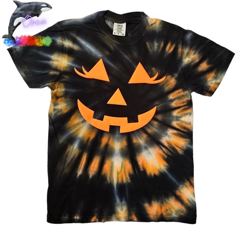 Orca ~ Pumpkin Face with Eyelashes ~ Jack o Lantern ~ Orange Puff on Spiral Tie Dye T-shirts ~ Comfort Colors ~ Fall...