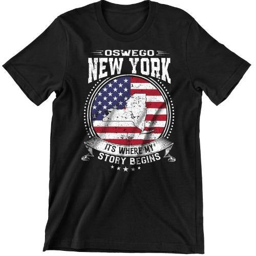 Oswego New York It's Where My Story Begins, Oswego NY Flag Shirt made in usa Hoodie, Sweatshirt | GrindPrints.com
