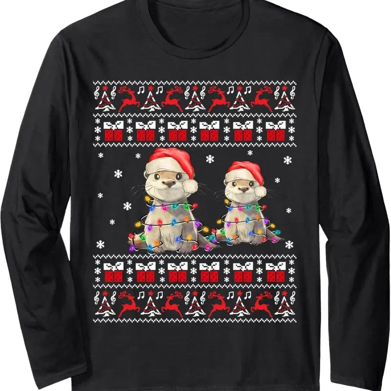 Otter Ugly Christmas Sweater Xmas Lights Family Matching Long Sleeve T-Shirt Hoodie, Sweatshirt | GrindPrints.com