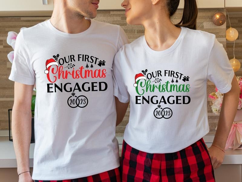 Our First Christmas Engaged 2023 Shirt, Matching Couples Christmas T-Shirt, Newly Engaged Christmas Gift Tee, Fiancée...