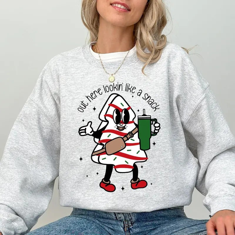 Out Here Looking Like A Snack, Christmas Cake, Funny, Cute, Santa, Xmas Sweatshirt, Women's Crew Neck, Crewneck T-Shirts,...