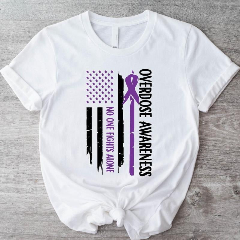 Overdose Awareness Day Flag T-Shirt, Nobody Fights Alone Shirt, Unisex Purple Ribbon Tee, Addiction Recovery Gift Hoodie,...