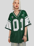 Oversized Letter Graphic Jersey Tee Color Block Short Sleeve Y2K Mesh Football Jersey Tops Hoodie, Sweatshirt