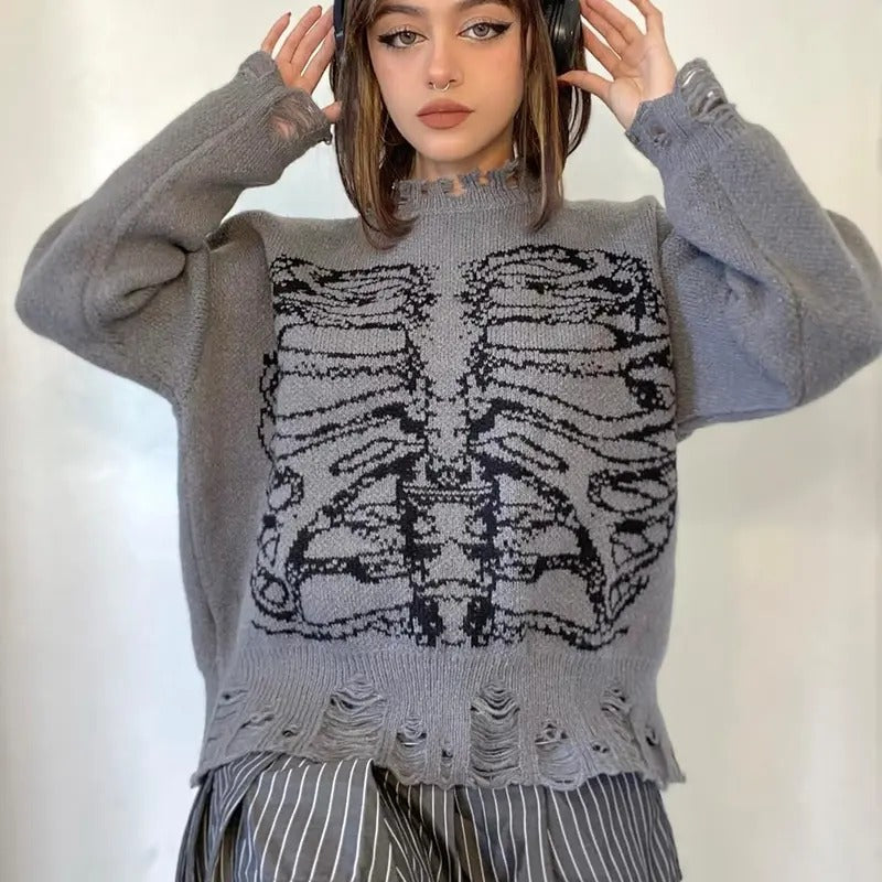 Oversized Skeleton Pattern Ripped Round Neck Sweater Pullover T-Shirts, Hoodie, Sweatshirt | GrindPrints.com