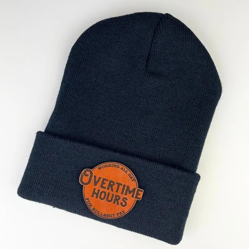 Overtime Hours Knit Beanie Custom Leather Patch T-Shirts, Hoodie, Sweatshirt | GrindPrints.com