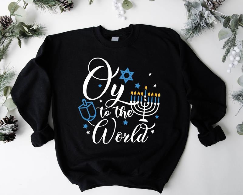Oy To The World Sweatshirt, Funny Hanukkah Hoodie, Gift Sweatshirt For Jewish, Celebration Long Sleeve, Menorah Hoodie...