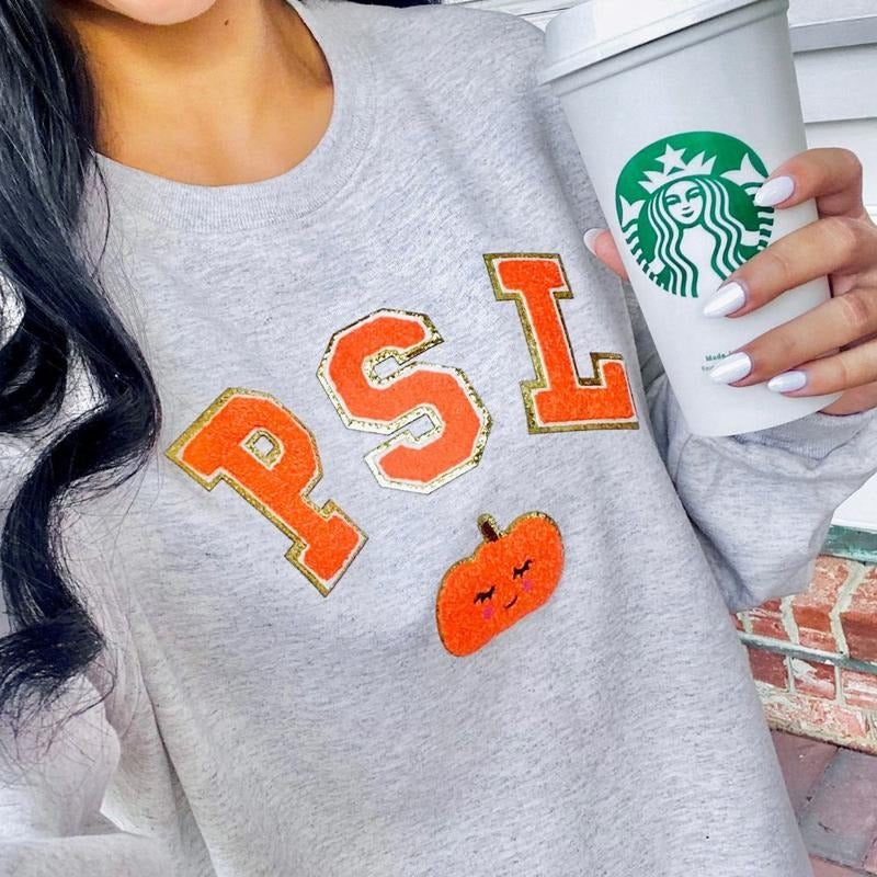 'PSL' Letter Patch Sweatshirt - Pumpkin Spice Latte, Chenille Letter Patches T-Shirts, Hoodie | GrindPrints.com