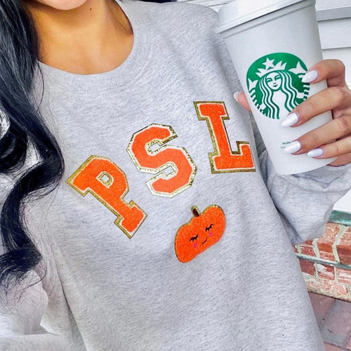 'PSL' Letter Patch Sweatshirt - Pumpkin Spice Latte, Chenille Letter Patches T-Shirts, Hoodie | GrindPrints.com