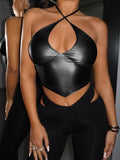 PU Leather Criss Cross Halter Tie Back Asymmetrical Crop Cami TopY2K T-Shirts, Hoodie, Sweatshirt | GrindPrints.com