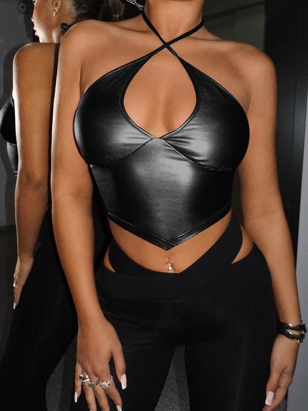 PU Leather Criss Cross Halter Tie Back Asymmetrical Crop Cami TopY2K T-Shirts, Hoodie, Sweatshirt | GrindPrints.com