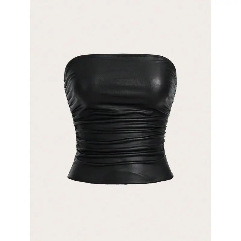 PU Leather Ruched Tube Top Strapless Party Clubwear Tops Going Out StreetwearY2K T-Shirts, Hoodie, Sweatshirt