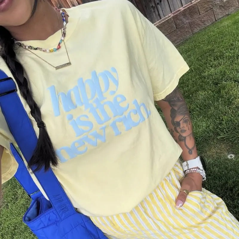 PUFF 'Happy is the New Rich' Neon T-Shirt, 3D PUFF Comfort Colors T-Shirt Hoodie, Sweatshirt | GrindPrints.com