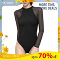 PUMIEY Mesh Long Sleeve Bodysuit for Women Crew Neck Body Suits Sexy Sheer Tops Womenswear Underwear Minimalist Round...