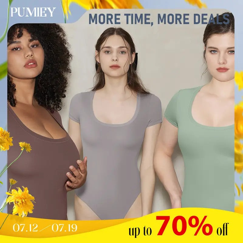 PUMIEY Scoop Neck Short Sleeve Sexy Slim Fit Elegance Minimalist Bodysuit Slim-fitting Plain candice  swanepoel T-Shirts,...