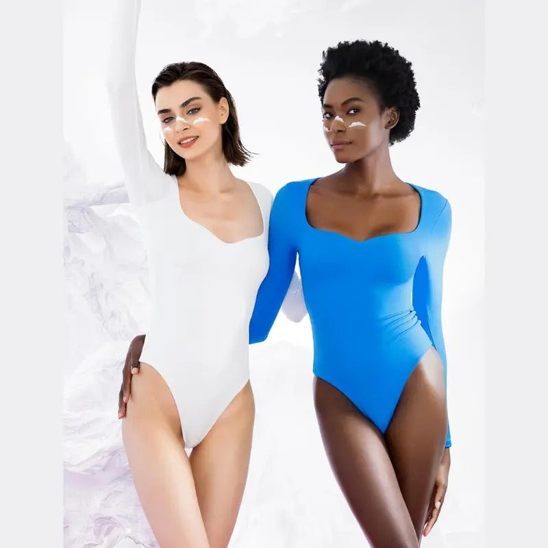 PUMIEY Sweetheart Neck Long Sleeve Bodysuit Snap Closure Womenswear skims Tops Underwear Lady Comfort Longsleeves Basic...