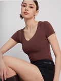 PUMIEY V-Neck Short Sleeve Basic Women's Slimming Fit Top