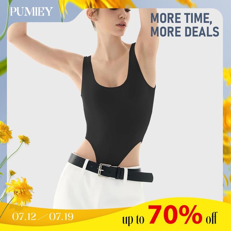 PUMIEY Women's Square Neck High-Cut Bodysuit Sexy Tops Sharp Collection Slim-fitting Plain T-Shirts, Hoodie, Sweatshirt